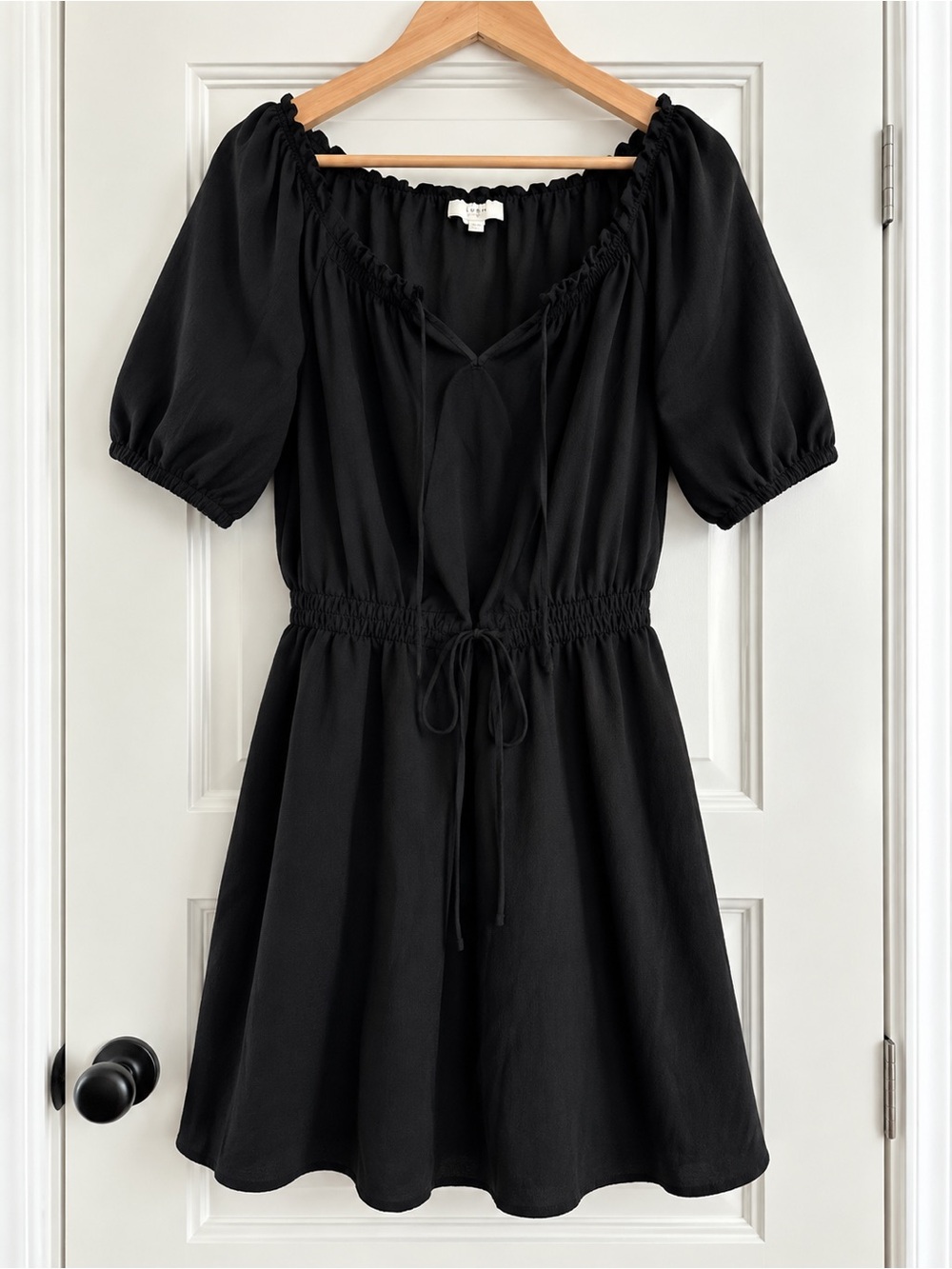 Vintage LOFT navy dress with tie waist and short sleeves, size medium
